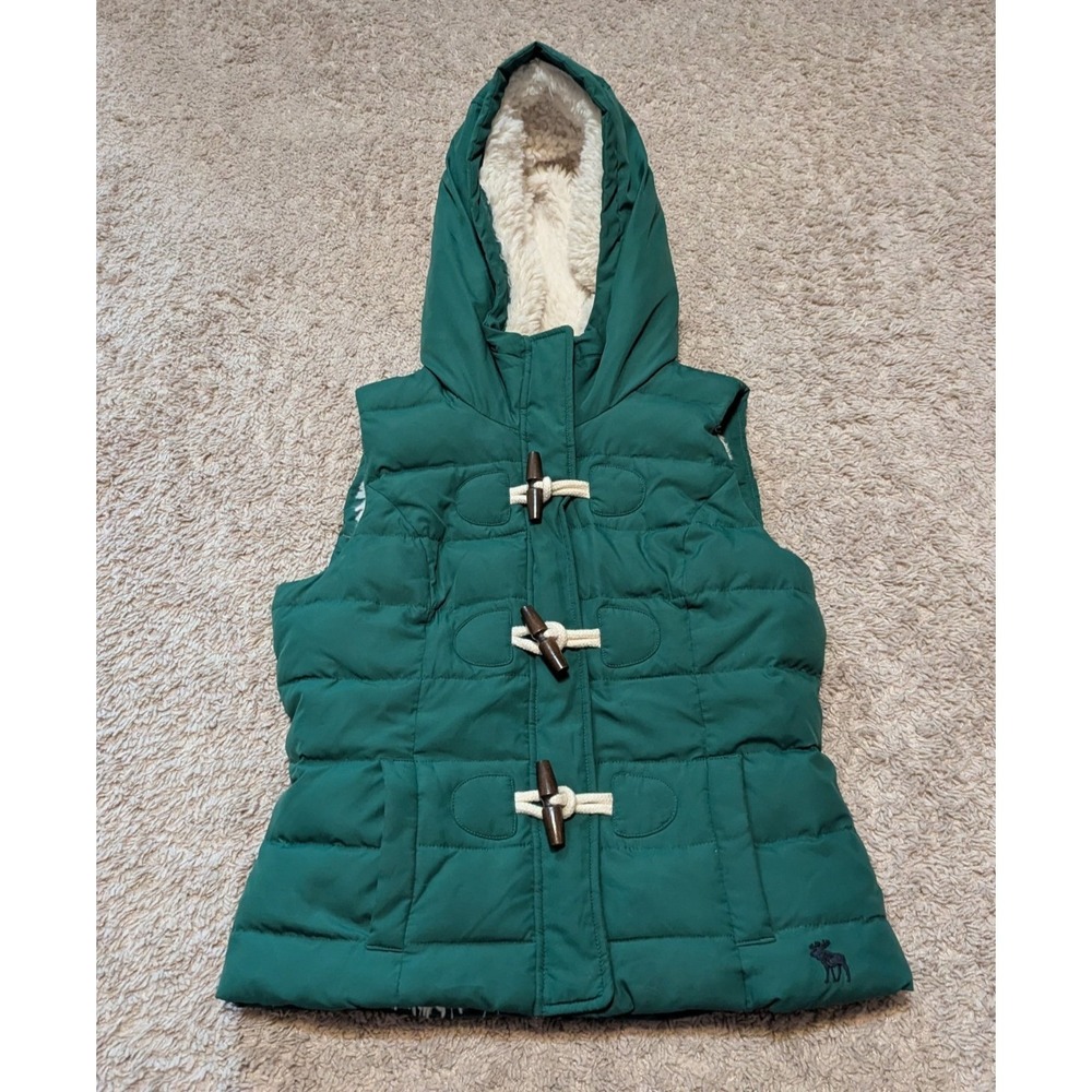Abercrombie & Fitch Kaela Down Puffer Sherpa Vest Womens Sz M Dark Green Toggle